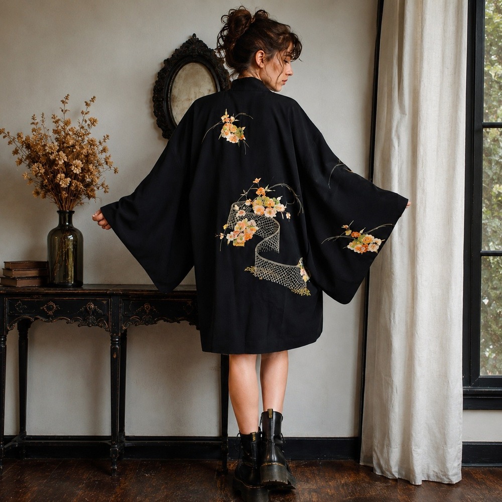 Vintage Japanese Haori Kimono Jacket Black Floral Gold Detail Long Robe